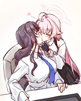 2girls ahoge black_gloves black_hair black_skirt blue_archive blue_necktie closed_eyes collared_shirt commentary female_sensei_(blue_archive) fingerless_gloves gloves halo heart hoshino_(blue_archive) kiss long_hair long_sleeves multiple_girls necktie pink_hair pink_halo rarasa_(rarasa) sensei_(blue_archive) shirt skirt symbol-only_commentary white_background white_shirt yuri