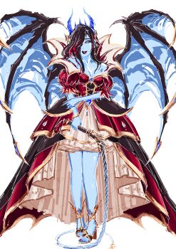 1girl absurdres bare_shoulders barefoot_sandals_(jewelry) bat_wings black_hair blue_horns blue_sclera blue_skin bracelet breasts cleavage colored_sclera colored_skin corset demon demon_girl demon_horns demon_wings dota_(series) dota_2 dress earrings eyelashes folded full_body gold hair_over_one_eye high_heels highres holding holding_weapon holding_whip horns jewelry layered_dress lipstick long_dress long_hair looking_at_viewer makeup medium_breasts multicolored_hair nail_polish one_eye_covered open_mouth petticoat popisya princess puffy_sleeves queen queen_of_pain_(dota) red_dress red_hair red_lips red_nails self-upload short_sleeves smile solo standing teeth two-tone_hair valve weapon whip white_background white_eyes wings