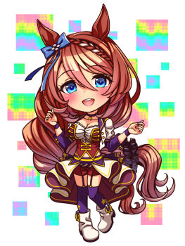 1girl animal_ears blue_bow blue_eyes blush bodice boots bow braid breasts brown_hair chibi chibi_only choker cleavage collarbone commentary_request corset cropped_jacket ear_bow full_body garter_straps hair_between_eyes highres horse_ears horse_girl horse_tail jacket large_breasts long_hair long_sleeves looking_at_viewer midriff_peek multicolored_hair navel open_mouth overskirt pendant_choker purple_choker purple_garter_straps purple_thighhighs red_corset red_shorts shirt shorts smile solo star_(symbol) starting_future_(umamusume) streaked_hair sugimotty_nova super_creek_(umamusume) tail teeth thighhighs umamusume umapyoi_densetsu upper_teeth_only very_long_hair white_boots white_hair white_jacket white_shirt wristband