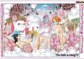 2girls bamboo bath bathing black_hair book border censored cloud convenient_censoring cover cover_page cowboy_hat crossed_legs crown feet_out_of_frame from_side hat legs_together lying monkey multiple_girls nami_(one_piece) nico_robin nude oda_eiichirou official_art on_back one_piece open_book orange_hair panda pink_fur pink_theme reading sitting sky sword tattoo towel treasure_chest weapon