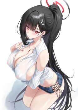 1girl absurdly_long_hair absurdres alternate_costume alternate_hairstyle arm_under_breasts bare_shoulders black_hair blue_archive blush breasts cleavage commentary covered_erect_nipples cross-laced_clothes cross-laced_shorts denim denim_shorts detached_sleeves earrings gold_earrings gold_necklace hair_behind_ear hair_ornament hairclip halo high_ponytail highres huge_breasts jewelry long_hair looking_at_viewer micro_shorts millennium_science_school_logo necklace noa_(skae3323) parted_lips pink_nails ponytail red_eyes revision rio_(blue_archive) shirt shorts sideboob simple_background solo thighs very_long_hair white_background white_shirt