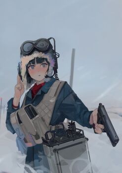 1girl absurdres blue_eyes blue_hair blunt_bangs blush bob_cut coat explosive eye_symbol fur_trim goggles grenade gun hand_on_headset hat headset highres holding holding_gun holding_weapon military military_coat military_uniform mole mole_under_eye original outdoors parted_lips polilla radio short_hair simple_background snow solo talking ushanka vest weapon wind wind_lift