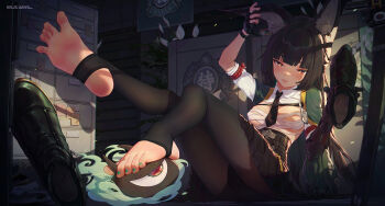 1girl animal_ear_fluff animal_ears arm_strap black_hair boots breasts brown_eyes collared_shirt covered_erect_nipples fingerless_gloves gloves highres hoshimi_miyabi icecake jacket long_hair looking_at_viewer mechanical_arms necktie no_shoes pleated_skirt shirt single_fingerless_glove single_mechanical_arm skirt small_breasts soles stirrup_legwear toeless_legwear toes very_long_hair zenless_zone_zero