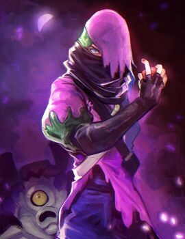 Rule 34 | 1boy, atticus (pokemon), bag, black bag, black gloves, black scarf, blue eyes, blue pants, commentary request, cowboy shot, elbow gloves, fingerless gloves, gloves, holding, holding poke ball, japanese clothes, looking at viewer, male focus, nail polish, narita imomushi, ninja, nintendo, one-eyed, one eye covered, pants, pink hood, pink nails, pink shirt, poke ball, poke ball (basic), pokemon, pokemon (creature), pokemon sv, puffy short sleeves, puffy sleeves, revavroom, scarf, scarf over mouth, shirt, short sleeves, shoulder bag, side slit, standing, team star, tongue, tongue out, yellow eyes