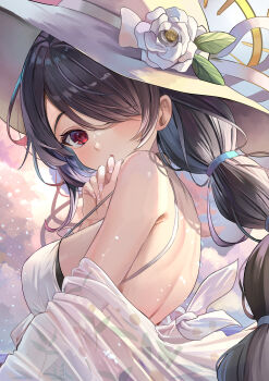 1girl back backlighting black_hair blue_archive blush braid braided_ponytail breasts casual_one-piece_swimsuit cloud commentary day eyelashes fingernails flower from_side hair_over_one_eye halo hand_up hat hat_flower hat_ornament highres hinata_(blue_archive) hinata_(swimsuit)_(blue_archive) large_breasts leaf_hat_ornament long_hair looking_at_viewer official_alternate_costume official_alternate_hairstyle one-piece_swimsuit one_eye_covered outdoors parted_lips red_eyes rose sideboob sky suidou_chaahan sun_hat swimsuit upper_body very_long_hair white_flower white_hat white_one-piece_swimsuit white_rose yellow_halo