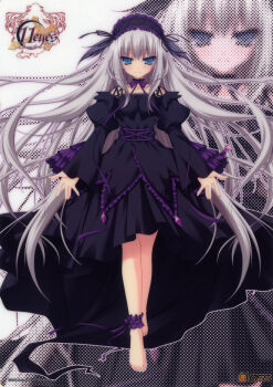 00s 10s 11eyes 1girl 2011 3days absurdres ankle_garter barefoot black_theme blue_eyes chikotam dress female_focus gothic_lolita halftone hayakawa_harui headdress highres image_sample lisette_vertorre lolita_fashion long_hair official_art open_\m/ raswell_(company) scan silver_hair solo very_long_hair zoom_layer