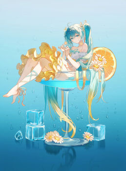 1girl absurdres ahoge aqua_eyes aqua_hair aqua_ribbon blonde_hair blush closed_mouth cup dress drinking_glass flower food fruit glasses gradient_hair hair_between_eyes hair_ornament hatsune_miku highres ice ice_cube ji_ye_fan_sheng long_hair multicolored_hair orange_(fruit) orange_ribbon orange_slice puffy_short_sleeves puffy_sleeves ribbon short_sleeves smile solo strapless strapless_dress twintails very_long_hair vocaloid white_dress white_flower wine_glass yellow_trim