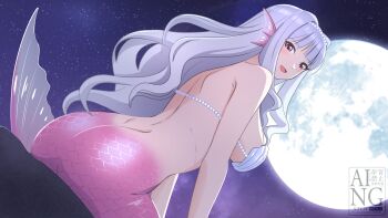 Rule 34 | 1girl, :d, absurdres, ass, bikini, breasts, commentary request, dutch angle, fins, from behind, full moon, grey hair, head fins, highres, idolmaster, idolmaster (classic), kiria021, large breasts, long hair, mermaid, monster girl, monsterification, moon, open mouth, pink tail, purple eyes, shell, shell bikini, shijou takane, smile, solo, swimsuit, tongue