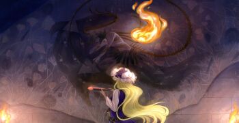 2girls absurdres belt black_belt blonde_hair bone brick_wall brown_hair buttons commentary_request diamond_button disembodied_eye dress fiery_wings fire folding_fan fossil fossilized_wonders from_behind hand_fan hat hat_ribbon highres holding holding_fan iwanaga_ariya long_hair long_sleeves looking_at_another mob_cap multiple_girls one_eye_closed ookimi_gusoku_mushi purple_dress purple_ribbon ribbon shirt short_hair skeletal_wings skirt touhou watatsuki_no_toyohime white_hat white_shirt wings