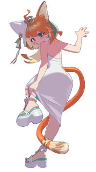 1girl absurdres ahoge animal_ear_hood animal_ears arav233 arknights cat_ears cat_girl commentary dress fake_animal_ears green_eyes highres hood jewelry long_hair orange_hair orange_tail papyrus_(arknights) simple_background solo tail tail_ornament tail_ring white_background white_dress