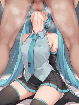 1girl aqua_hair aqua_necktie arms_behind_back bare_shoulders black_skirt black_sleeves breasts commentary_request cum cum_in_mouth curvy deepthroat detached_sleeves fellatio from_above grey_shirt hatsune_miku highres knees large_penis long_hair looking_up miniskirt necktie nullhachinpo number_tattoo oral penis pleated_skirt seiza shirt sitting skindentation skirt sleeveless sleeveless_shirt tattoo testicles textless_version thick_thighs thighhighs thighs throat_bulge twintails very_long_hair vocaloid