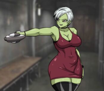 1girl ada_wong ada_wong_(cosplay) arm_up armpits bracelet breasts capcom cheelai choker cleavage colored_skin cosplay covered_navel curvy darwaarts dragon_ball dragon_ball_super dragon_ball_super_broly dress female_focus green_skin gun highres jewelry large_breasts pink_eyes resident_evil short_hair solo thick_thighs thighhighs thighs weapon white_hair wide_hips