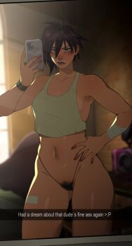 1girl absurdres bandaged_arm bandages bandaid bandaid_on_face black_panties blush brown_eyes brown_hair cellphone commentary crop_top dark-skinned_female dark_skin dispatch english_commentary english_text female_pubic_hair highres invisigal jsq012 mirror mole mole_on_armpit mole_on_stomach mole_on_thigh multiple_moles panties phone pubic_hair septum_piercing smartphone solo sweatdrop twitter_username underwear wristband