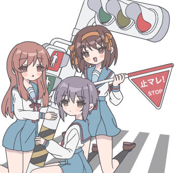 3girls :d asahina_mikuru black_socks blue_sailor_collar blue_skirt blush_stickers bob_cut brown_eyes brown_footwear brown_hair closed_mouth commentary_request crosswalk expressionless hair_between_eyes hair_ribbon hairband hazard_stripes highres holding holding_pole holding_sign kita_high_school_uniform kneehighs kneeling loafers long_hair long_sleeves looking_at_viewer medium_hair multiple_girls nagato_yuki nanonome open_mouth orange_eyes orange_hair orange_hairband orange_ribbon parted_lips pedestrian_lights pole purple_hair red_ribbon ribbon road_sign sailor_collar school_uniform serafuku shirt shoes short_hair sign simple_background skirt sleeve_cuffs smile socks stop_sign suzumiya_haruhi suzumiya_haruhi_no_yuuutsu traffic_light utility_pole white_background white_shirt winter_uniform