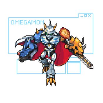 arm_blade arm_cannon blue_eyes cape chibi digimon digimon_(creature) full_body haopanyo highres mecha no_hands omegamon red_cape robot simple_background weapon white_background white_cape