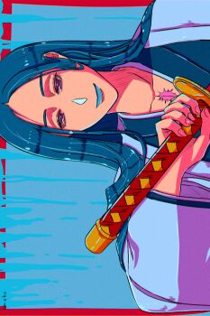 1girl black_kimono bleach blue_background blue_hair blue_lips border brown_eyes haori highres holding holding_sword holding_weapon japanese_clothes katana kimono komeko_(strikek-lvvjm27) light_smile long_hair looking_at_viewer parted_bangs red_border scar scar_on_chest shihakusho solo sword unohana_retsu upper_body weapon white_haori