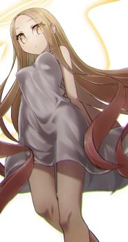1girl angel_notes angel_wings bare_shoulders blonde_hair blush breasts commentary_request dress forehead halo highres long_hair looking_at_viewer medium_breasts parted_bangs solo v/v white_dress wings yellow_eyes yubeshi_(zecxl)