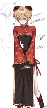 1boy arrow_(symbol) black_dress black_socks blush china_dress chinese_clothes closed_mouth commentary_request cosplay covered_navel crossdressing crossdressing_(mtf) dress embarrassed eyelashes frilled_sleeves frills gold_trim grey_background h_e1215 hair_between_eyes hair_intakes hand_blush hand_on_another's_stomach highres jia_xichun_(project_moon) jia_xichun_(project_moon)_(cosplay) knee_blush korean_commentary korean_text limbus_company long_sleeves looking_down male_focus mandarin_collar pelvic_curtain project_moon raglan_sleeves red_rope red_sleeves rope side-tie_dress sinclair_(project_moon) sleeves_past_wrists socks solo sweat tearing_up tears translation_request yellow_eyes