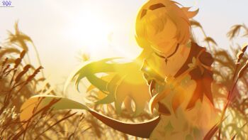 1girl absurdres brown_hairband brown_jacket collared_dress dress firefly_(honkai:_star_rail) gradient_hair grey_hair hair_between_eyes hair_intakes hair_ornament hairband highres honkai:_star_rail honkai_(series) jacket long_hair multicolored_hair no_eyes open_mouth smile solo sunset thevarnese wheat_field white_dress