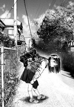 1girl bag bag_charm bent_over building chain-link_fence charm_(object) closed_mouth cloud day fence from_side full_body greyscale highres long_sleeves looking_at_viewer looking_to_the_side medium_hair monochrome original outdoors pleated_skirt power_lines scenery school_bag school_uniform shirt shoes skirt sky sneakers socks solo somato_tubuyaki sweater_vest tree urban utility_pole