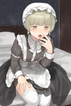 1boy apron black_dress blonde_hair blush bow bowtie brown_eyes bulge clothes_lift commentary_request covered_erect_nipples cowboy_shot crossdressing crossdressing_(mtf) dot_nose dress dress_lift erection erection_under_clothes frilled_apron frills hand_to_own_mouth hand_up hat indoors juliet_sleeves long_sleeves looking_at_viewer maid maid_apron male_focus male_maid mob_cap on_bed original partial_commentary pillow puffy_sleeves saliva see-through_clothes see-through_dress short_hair sitting solo steaming_body sunaba_(nczd5875) thighhighs thighs tongue tongue_out trap variant_set white_bow white_bowtie white_hat white_thighhighs