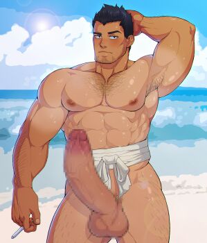 1boy armpit_stubble armpits artist_request bara beach beard_stubble bleach blush censored cheekbones cigarette cowboy_shot day erection facial_hair girthy_penis hairy highres holding holding_cigarette huge_penis kurosaki_isshin large_pectorals looking_at_viewer male_focus mature_male midriff_sarashi mosaic_censoring muscular muscular_male navel nipples pectorals penis sarashi short_hair solo sparse_arm_hair sparse_leg_hair standing strongman_waist stubble tan thick_thighs thighs water