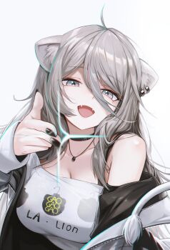 1girl :d absurdres ahoge animal_ear_piercing animal_ears anizi black_choker black_jacket black_nails bra_strap breasts choker commentary_request double-parted_bangs fangs grey_eyes grey_hair hair_between_eyes highres hololive jacket jewelry large_breasts lion_ears lion_girl long_hair long_hair_between_eyes looking_at_viewer nail_polish necklace official_alternate_costume official_alternate_hairstyle open_mouth pointing pointing_at_viewer shirt shishiro_botan shishiro_botan_(midnight_convenience_store) simple_background smile solo upper_body virtual_youtuber white_background white_shirt