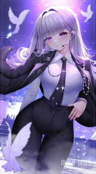 1girl absurdres arm_behind_back backlighting bird black_jacket black_necktie black_pants blunt_bangs blush breasts character_name closed_mouth collared_shirt commentary dutch_angle earphones floating_clothes floating_hair hair_intakes hand_in_jacket hand_on_own_hip heart heart-shaped_pupils high-waist_pants highres ine_(vtuber) jacket korean_text large_breasts long_hair looking_ahead microphone mole mole_under_eye necktie pants purple_background purple_eyes shirt shirt_tucked_in silver_jewelry smile solo stage standing symbol-shaped_pupils thighs very_long_hair virtual_youtuber waktaverse white_hair white_shirt yeon_do_e