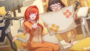 5girls aged_down animal_costume barefoot blonde_hair breasts brown_hair chinese_commentary commentary_request copyright_logo coralie_6626_planck dark-skinned_female dark_skin dragon_girl dragon_horns entropy_(honkai_impact_3rd) erdos_helia feet female_dreamseeker_(honkai_impact) game_cg glasses grey_hair highres holding holding_pillow honkai_(series) honkai_impact_3rd horns indoors large_breasts leylah_(honkai_impact) logo long_braid long_hair multiple_girls nahralab_(honkai_impact) official_art orange_pajamas pajamas pillow pillow_fight pointing purple_eyes red_hair senadina senadina_(cocoon_of_unwoven) smile soles toes