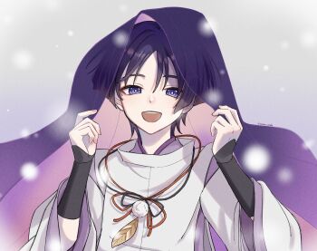 Rule 34 | 1boy, armor, blunt ends, choppy bangs, clothing cutout, eyeliner, feathers, fingernails, genshin impact, hands up, highres, japanese armor, japanese clothes, kariginu, kimono, kote, kurokote, layered sleeves, long sleeves, looking at viewer, makeup, male focus, open mouth, pink veil, pom pom (clothes), portrait, purple eyes, purple hair, purple kimono, purple pupils, purple sleeves, purple veil, red eyeliner, scaramouche (genshin impact), scaramouche (kabukimono) (genshin impact), see-through clothes, see-through veil, shoulder cutout, solo, string, teeth, tsurime, twitter username, two-sided veil, upper teeth only, veil, white background, white sleeves, yellow feathers, yoneya (ocome otabe)