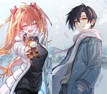 1boy 1girl black_hair closed_eyes commentary_request couple eiyuu_densetsu estelle_bright falcom highres joshua_bright orange_hair smile sora_no_kiseki willfin winter winter_clothes yellow_eyes