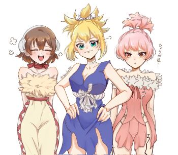 3girls bare_shoulders blonde_hair blue_dress blush breasts brown_hair chinoko910 choker cleavage closed_eyes closed_mouth clothing_cutout cosplay dr._stone dress green_eyes hands_on_own_hips headphones high_ponytail highres hip_vent kohaku_(dr._stone) looking_at_viewer momiji_homura multiple_girls ninja ogawa_yuzuriha open_mouth pink_dress pink_hair ponytail red_eyes rope rope_belt short_hair smile white_background white_choker