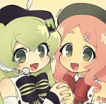 Rule 34 | 2girls, artist name, beret, bow, bowtie, green eyes, green hair, green nails, hat, holding hands, macne nana, macne series, microphone, momone momo, multiple girls, number tattoo, pink hair, pink nails, smile, tattoo, treebarkagain, utau, vocaloid