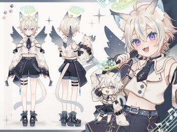 amatsuka_seu animal_ears ankle_strap_shoes belt blush bow cat_boy cat_ears chibi crop_top earrings fang from_behind halo high_waist highres indie_virtual_youtuber jewelry microphone mini_wings multiple_views music musical_note namiki_itsuki off_shoulder_sleeves open_mouth platform_shoes purple_eyes reference_sheet ribbon short_hair shorts singing solo star_pattern tail tassel thigh_strap white_hair wings