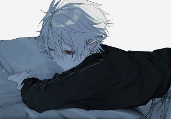 1boy black_shirt drawstring earrings fingernails grey_pants hair_between_eyes hashtag-only_commentary highres hugging_object jewelry kuzuha_(nijisanji) long_sleeves lying male_focus mml_1ll nijisanji on_stomach one_eye_closed pants parted_hair piercing pillow pillow_hug pointy_ears red_eyes sharp_fingernails shirt short_hair solo virtual_youtuber white_background