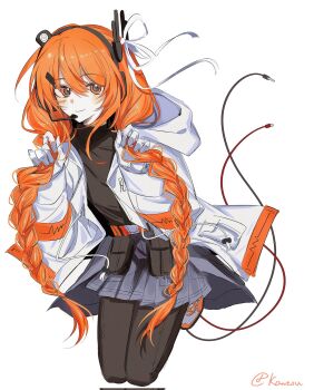 Rule 34 | 1girl, a.i. voice, adachi rei, alternate hair length, alternate hairstyle, belt, braid, cable, commentary, full body, gloves, hair ribbon, headphones, headset, highres, holding, holding own hair, hood, hooded jacket, jacket, long hair, long sleeves, looking to the side, open clothes, open jacket, orange eyes, orange hair, pants, pants under skirt, pealerprpr, pleated skirt, ribbon, shoes, skirt, smile, sneakers, solo, symbol-only commentary, twin braids, utau, very long hair