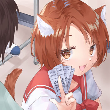 Rule 34 | 1boy, 1girl, :d, absurdres, animal ears, bow, bowtie, brown eyes, brown hair, cat ears, cat girl, cat tail, commentary request, commission, eyelashes, hand up, highres, holding, holding ticket, indoors, kemonomimi mode, looking at viewer, nagaoka shiho, open mouth, parted bangs, pixiv commission, red bow, red bowtie, red sailor collar, sailor collar, sailor shirt, school uniform, serafuku, shirt, short hair, short sleeves, smile, smug, solo focus, tail, ticket, to heart, to heart (series), tsumugi-t, upper body, upturned eyes, white shirt