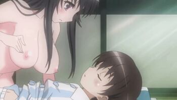 1boy 1girl age_difference animated animated_gif anime_screenshot black_hair blush breast_smother breasts brown_hair clothed_male_nude_female completely_nude face_to_breasts indoors kanokon large_breasts long_hair long_sidelocks minamoto_chizuru nipples nude onee-shota oyamada_kouta pajamas short_hair shota sidelocks sleeping sunlight