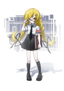 Rule 34 | 1girl, adjusting eyewear, armband, black necktie, black ribbon, black shoes, black skirt, black socks, blonde hair, blush stickers, book, bookshelf, braid, collared shirt, commentary request, full body, glasses, hair flaps, hair ornament, hair ribbon, hairclip, highres, holding, holding book, long hair, looking at viewer, monogatari (series), myuga66666, necktie, oshino shinobu, pleated skirt, ribbon, school uniform, shadow, shirt, shoes, skirt, socks, solo, standing, twin braids, very long hair, white background, white shirt, yellow eyes