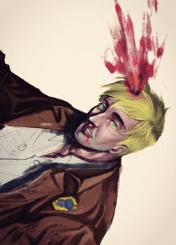 1boy blonde_hair blood blood_from_mouth brown_jacket clenched_teeth dieantwoord2580 green_eyes grin headshot hotline_miami jacket jacket_(hotline_miami) leather leather_jacket looking_at_viewer male_focus nosebleed parted_lips shirt short_hair sideways smile teeth white_shirt