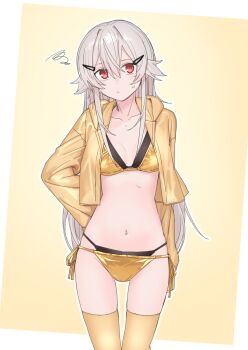 1girl bikini black_bikini breasts brown_background brown_jacket brown_thighhighs closed_mouth cropped_jacket grey_hair groin hair_between_eyes hair_flaps hair_ornament hairclip hand_on_own_hip highres hood hood_down hooded_jacket jacket kawama_shuusuke layered_bikini long_hair looking_at_viewer open_clothes open_jacket original red_eyes side-tie_bikini_bottom small_breasts small_sweatdrop solo squiggle standing sweat swimsuit thighhighs very_long_hair yellow_bikini