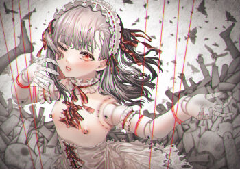 028ilc aliasing amputee bad_id bad_pixiv_id blush bug closed_eyes corset_piercing doll doll_joints dress flat_chest grey_hair headband headdress insect joints lolita_fashion moth nipple_piercing nipple_rings nipples one_eye_closed original piercing puppet puppet_strings red_eyes sewing topless_female white_dress wink