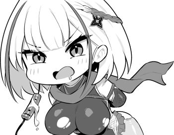 1girl arms_behind_back azur_lane azur_lane:_slow_ahead bdsm bondage bound braid breasts fishnets gag greyscale hori_(hori_no_su) i-404_(azur_lane) i-404_(dance_of_crimson_strings)_(azur_lane) large_breasts monochrome multicolored_hair ninja official_alternate_costume open_mouth scarf short_hair shuriken_hair_ornament simple_background solo streaked_hair white_background white_hair