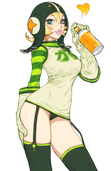 1girl blonde_hair breasts commentary contrapposto etama_quomo flipped_hair gloves green_eyes green_helmet green_shirt gum_(jsr) hand_on_own_thigh hand_up heart helmet holding holding_spray_can jet_set_radio large_breasts looking_at_viewer panties pantyshot pink_lips shirt short_hair smile solo spray_can striped_clothes striped_shirt symbol-only_commentary thick_lips underwear