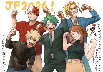 1girl 4boys aged_up bakugou_katsuki belt blonde_hair blue_eyes blush_stickers boku_no_hero_academia breasts brown_eyes brown_hair collar collared_shirt facial_scar formal_clothes freckles green_eyes green_hair green_suit grin horikoshi_kouhei looking_at_viewer medium_breasts midoriya_izuku multiple_boys necktie official_alternate_costume official_alternate_hair_length official_alternate_hairstyle official_art open_mouth scar scar_on_cheek scar_on_face second-party_source shirt short_hair sidelocks simple_background skirt sleeveless sleeveless_turtleneck sleeves_rolled_up smile suit t-shirt teeth todoroki_shoto turtleneck upper_teeth_only uraraka_ochako yagi_toshinori