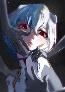 1girl 37sanshiqi ayanami_rei blue_hair bodysuit breasts hair_between_eyes hand_on_another's_face hand_on_another's_shoulder highres interface_headset_(evangelion) looking_at_viewer mecha_pilot_suit multiple_girls neon_genesis_evangelion plugsuit_(evangelion) red_eyes short_hair simple_background solo white_bodysuit