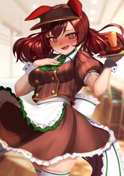 1girl @_@ animal_ears apron blurry blurry_background blush bow bowtie breasts brown_eyes brown_hair brown_shirt brown_skirt carrot_hamburger_steak commentary_request ear_covers embarrassed employee_uniform frilled_apron frilled_skirt frilled_sleeves frills green_bow green_bowtie hand_on_own_chest highres holding holding_tray horse_ears horse_girl horse_tail hoshikuzu_kizuna_(kizuna_stardust) long_hair looking_at_viewer medium_breasts multicolored_hair nice_nature_(umamusume) nose_blush open_mouth puffy_short_sleeves puffy_sleeves restaurant shirt short_sleeves skirt smile solo streaked_hair striped_clothes striped_shirt tail thighhighs thighs tray twintails umamusume vertical-striped_clothes vertical-striped_shirt visor_cap waist_apron white_apron white_thighhighs
