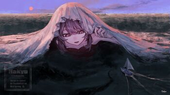 Rule 34 | 1girl, 1other, :d, blanket, blue sky, boat, giant, giantess, grey eyes, grey hair, hakyusiku, hand up, highres, horizon, looking at object, looking down, medium hair, ocean, one-piece swimsuit, open mouth, outdoors, partially submerged, poltergeist (reverse:1999), red one-piece swimsuit, reverse:1999, sailboat, sky, smile, solo focus, sun, swimsuit, upper body, watercraft, watermark