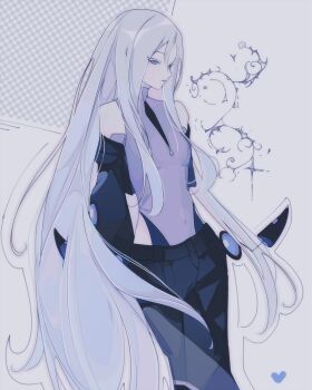 Rule 34 | 1girl, 25-ji luka, 25-ji luka (cosplay), absurdres, alternate costume, arms behind back, black jacket, black pants, blue eyes, breasts, closed mouth, colored eyelashes, commentary, cosplay, covered collarbone, covered navel, cropped jacket, english commentary, feet out of frame, grey hair, hair between eyes, high collar, highleg, highleg leotard, highres, jacket, leotard, leotard under clothes, long hair, long sidelocks, long sleeves, megurine luka, megurine luka (cosplay), nose, off shoulder, oogypng, open clothes, open jacket, outline, pants, project sekai, purple leotard, purple theme, sidelocks, sideways glance, simple background, small breasts, solo, standing, straight hair, tomoni true route wo mezashite (project sekai), very long hair, yoisaki kanade