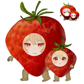 Rule 34 | 2girls, alice (genshin impact), artist name, blonde hair, c:, commentary, english commentary, food, fruit, full body, genshin impact, hair between eyes, highres, klee (genshin impact), mey 0n, mother and daughter, multiple girls, red eyes, reference inset, simple background, smile, standing, strawberry, strawberry costume, white background